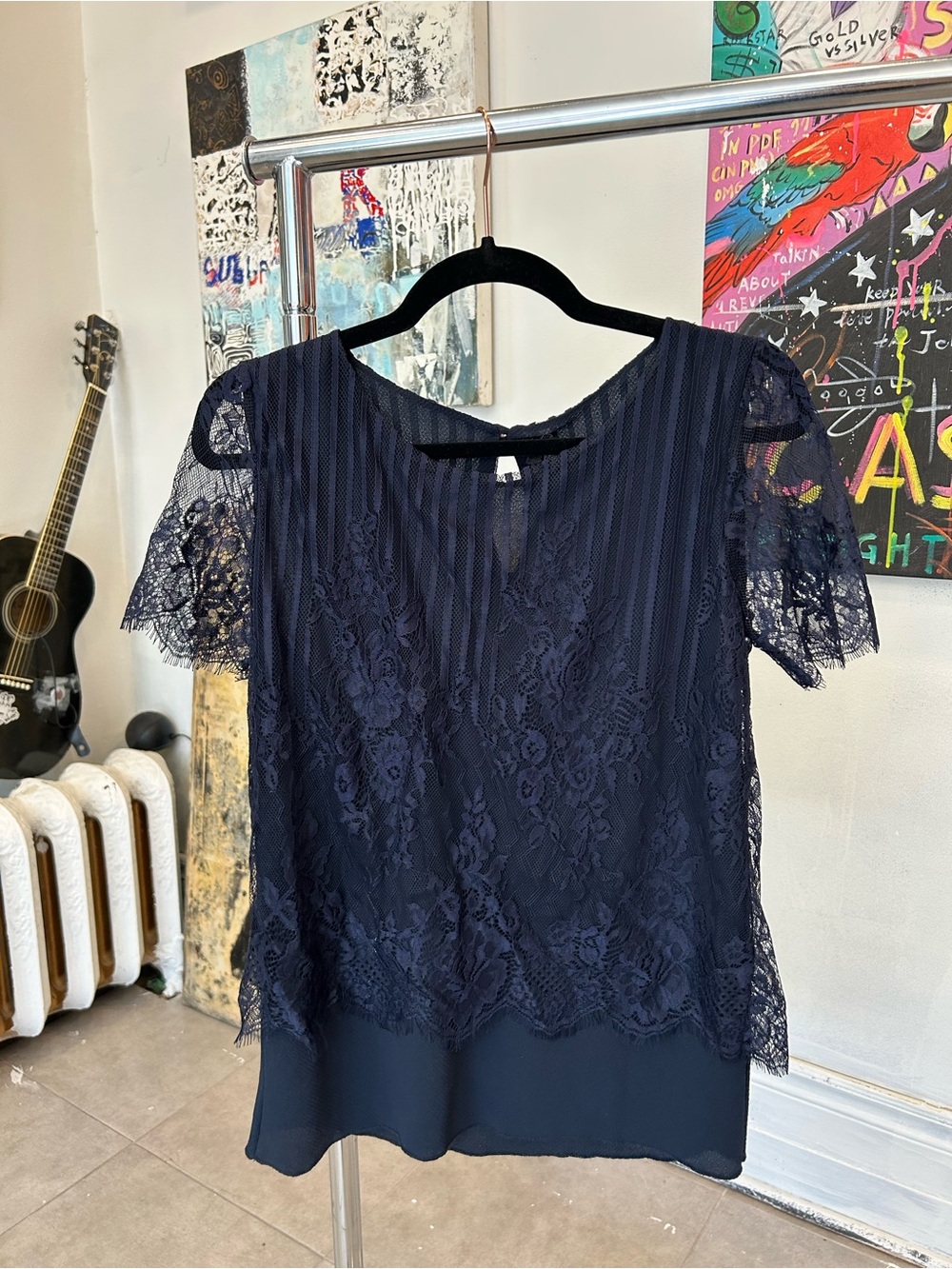 Maison Mere Women’s Navy Lace Overlay Short Sleeve Dress